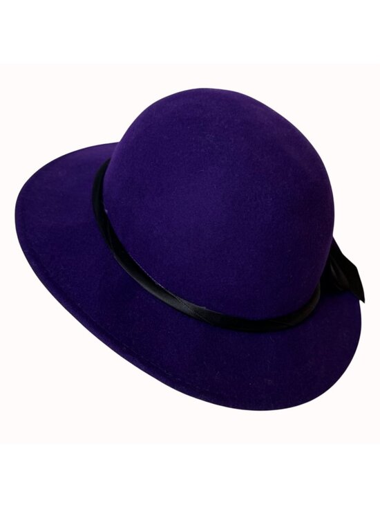 Vintage Purple Felt Wide Brim Hat Wool Head Hugger USA Black Ribbon Church main image 8